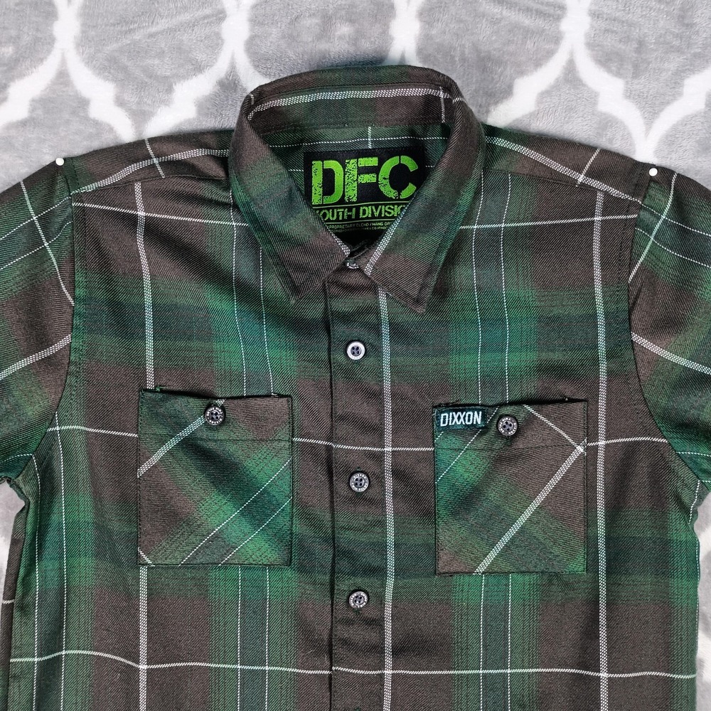 Dixxon Flannel Shirt Boys Medium Green Brown Plaid Twin Palms Button Up